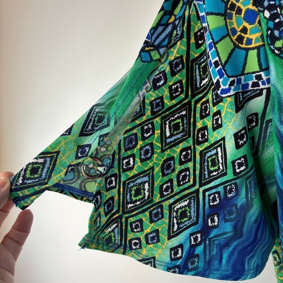 Susan Graver Women Large Green Blue Mosaic Geometric Tunic Top Split Sleeve Ring - Picture 6 of 16